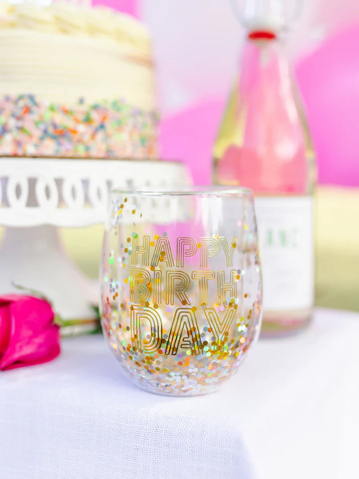 Happy Birthday Wine Glitter Glass