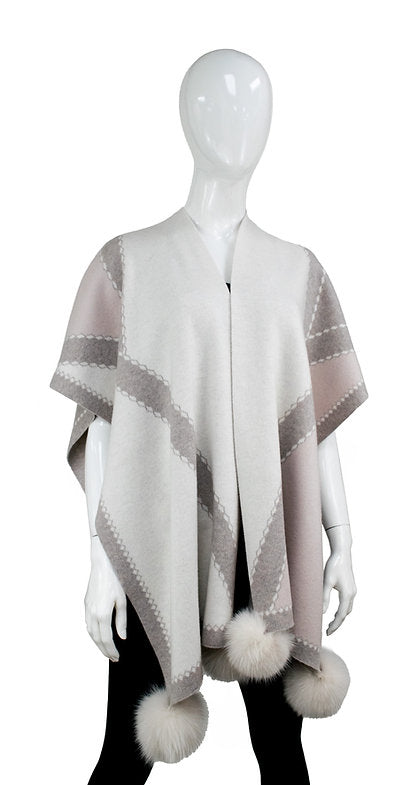 Poncho With Fur Pom Poms - 2 Colors