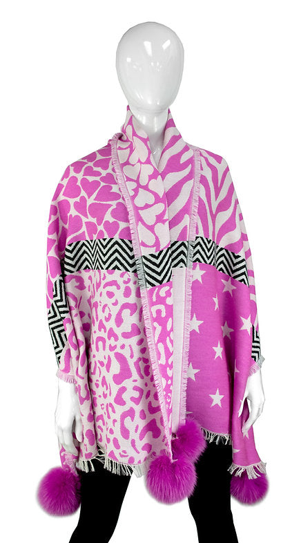 Pink Scarf With Stars And Fur Pom Poms