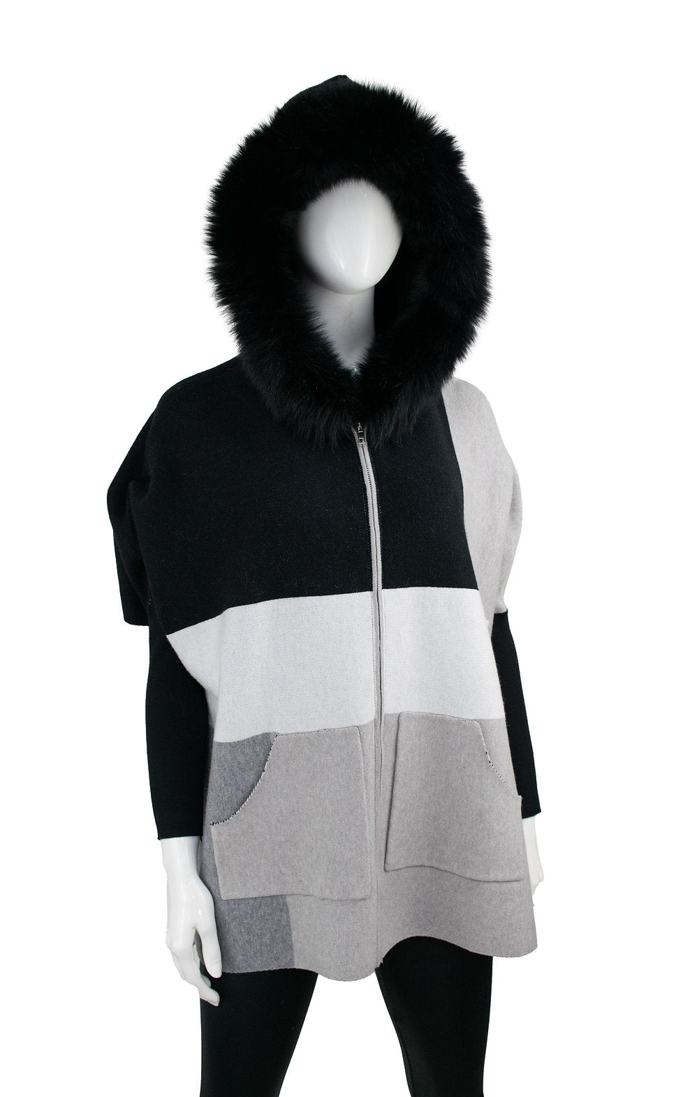 Black And Grey Poncho With Fox Hood