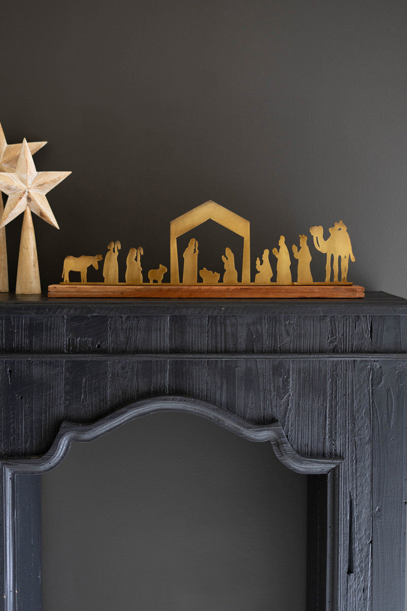 Table Top Nativity - Antique Brass With Wood Base