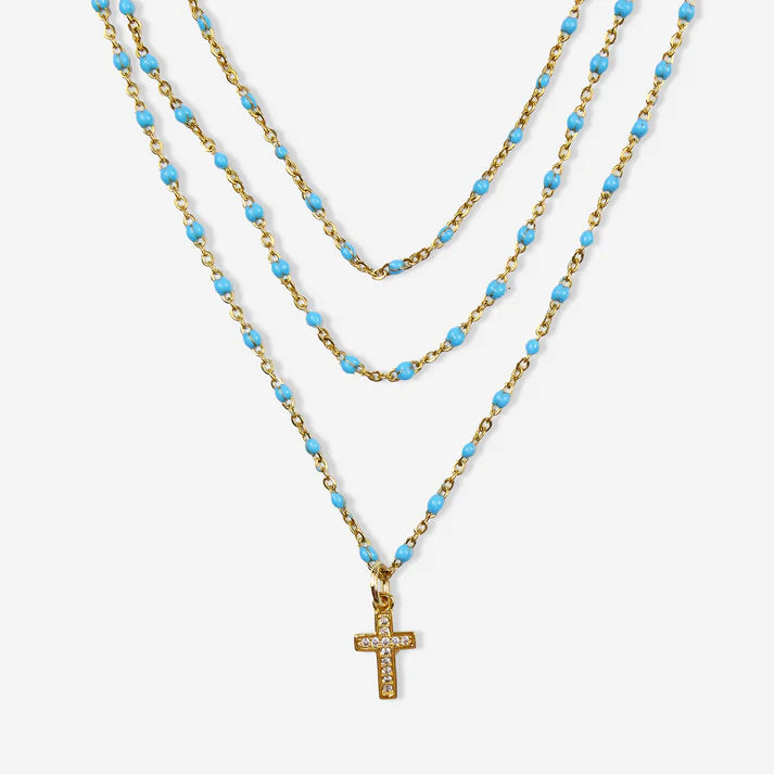 Triple Layer Turquoise Necklace with a Pave Cross