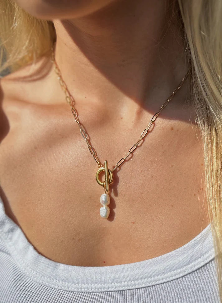 Gold Paperclip Necklace with a Pearl Drop