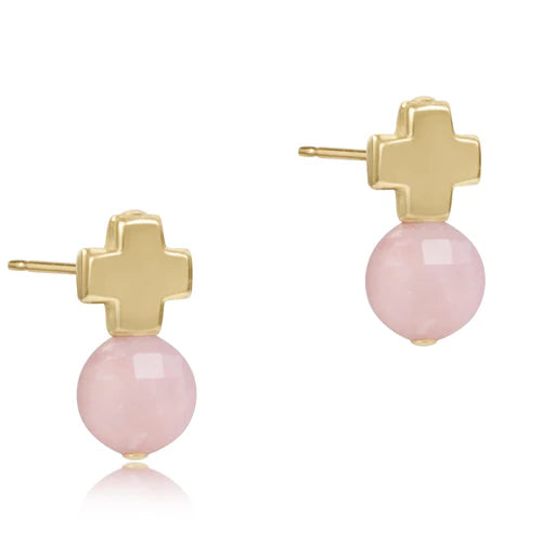 E. Newton Signature Cross Gold Stud -Pink Opal