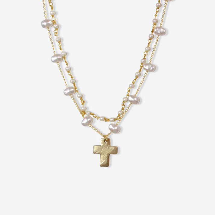 Double Layered Pearl Necklace with Gold Cross