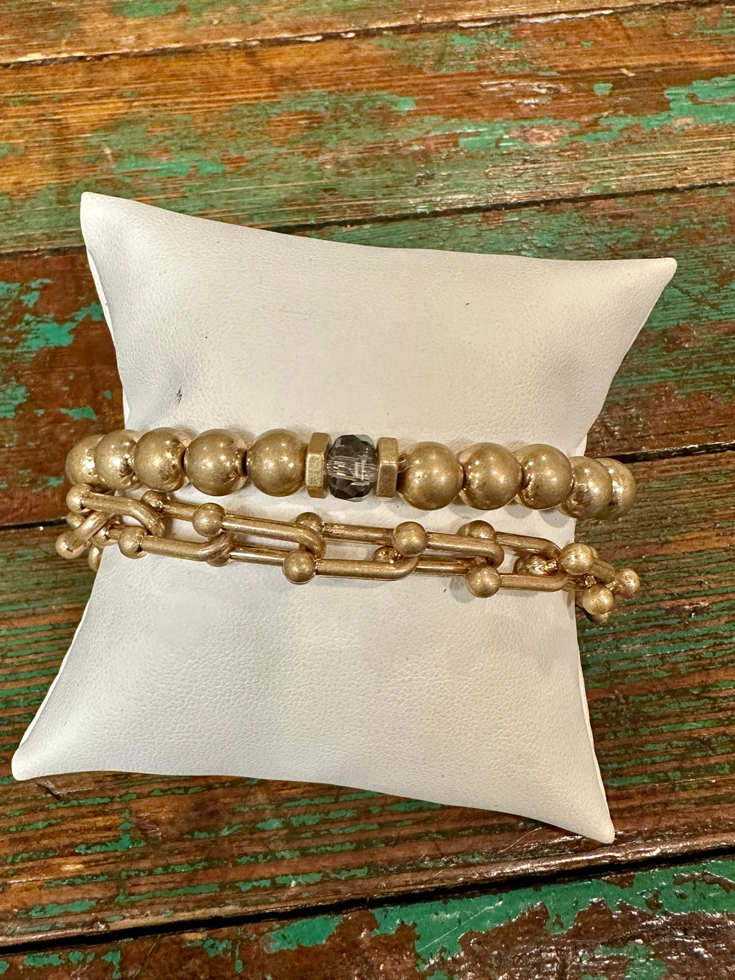 Gold Beaded and Link Bracelet Set